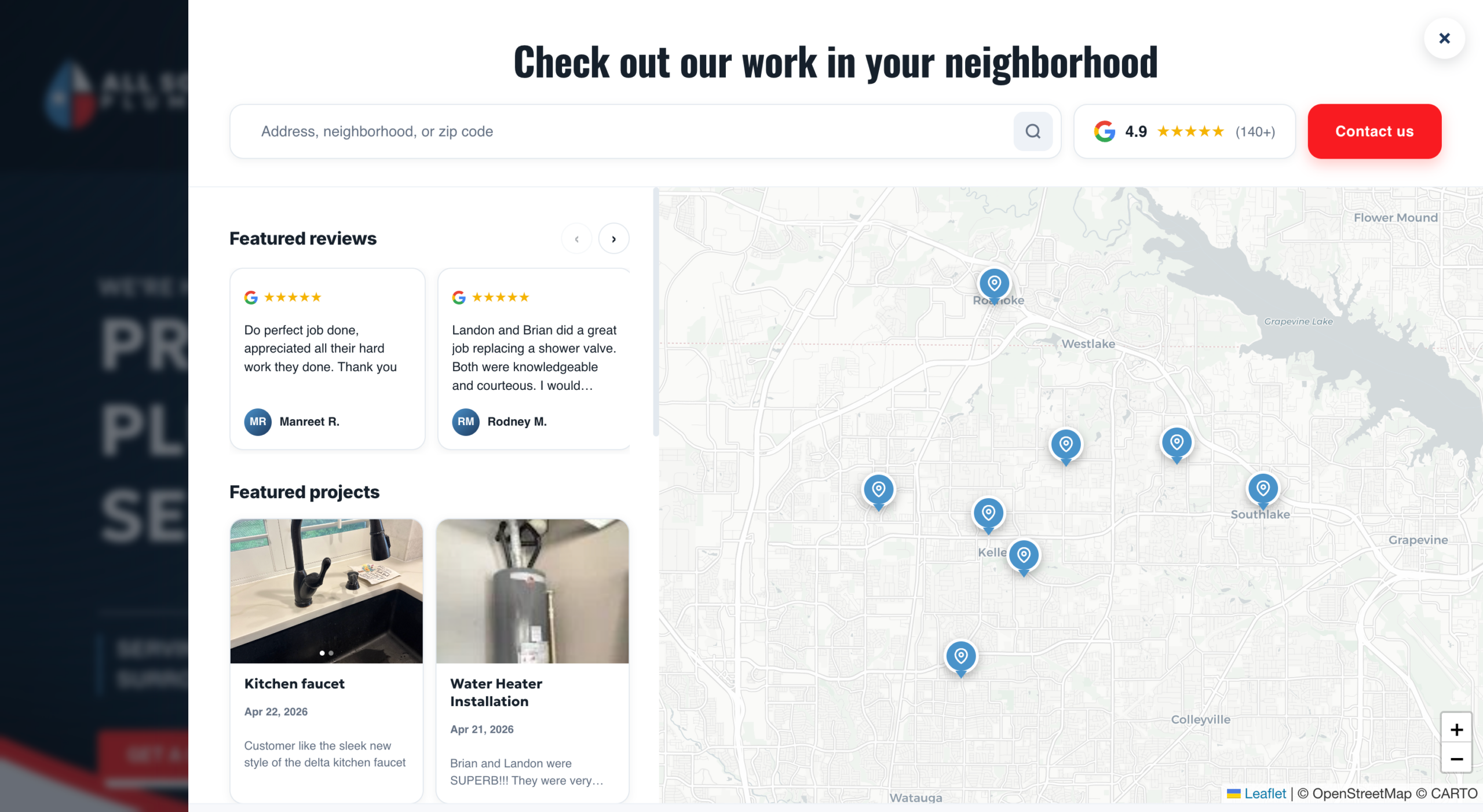 Review Showcase: interactive map with pinned jobs, Google reviews, and project photos