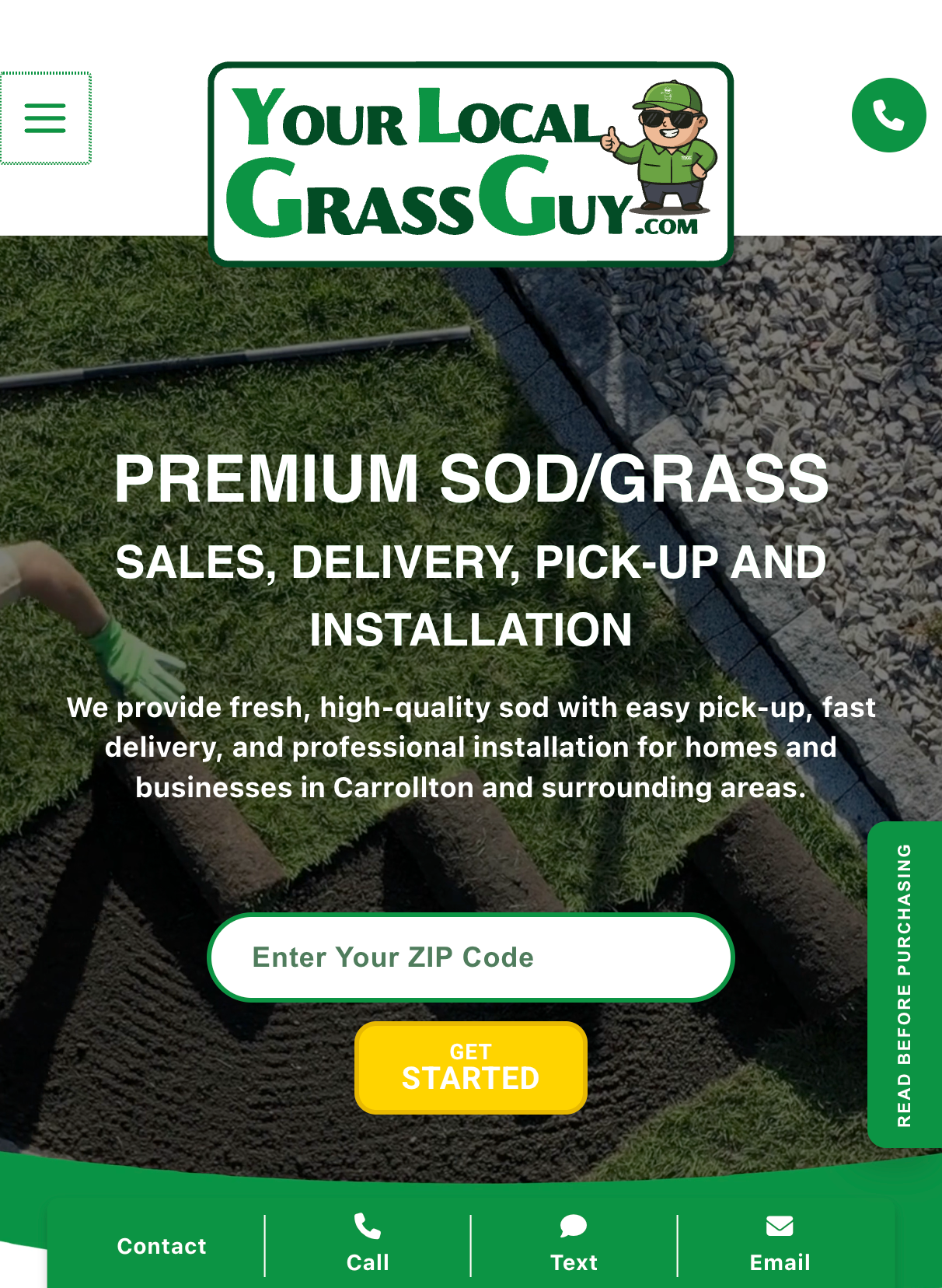 Carrollton Sod landscaping mobile website design