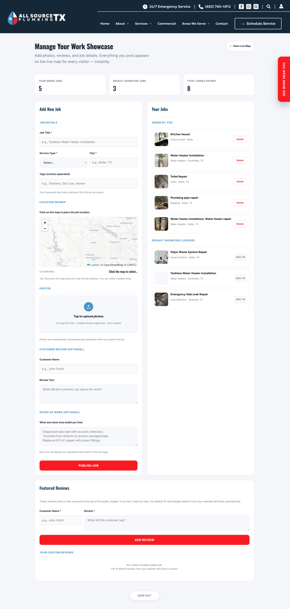 Admin portal for managing jobs, photos, and reviews
